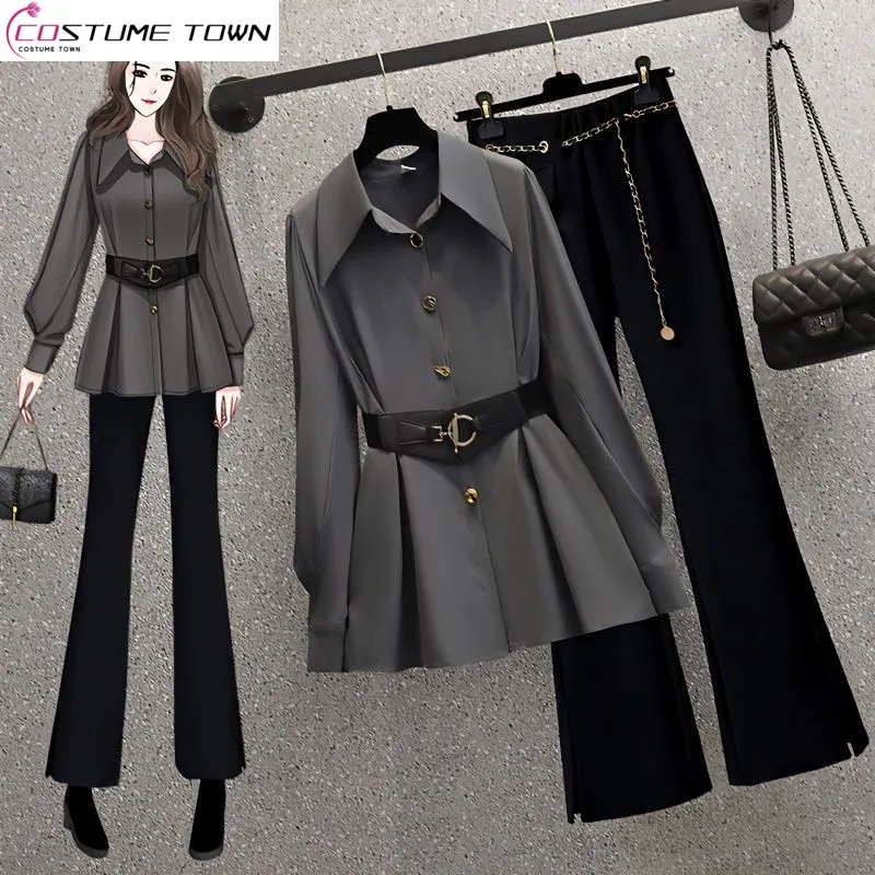 

2023 Spring and Autumn New Korean Fashion Style Waist Shirt Women's Loose Versatile Flare Pants Set Women Fashion