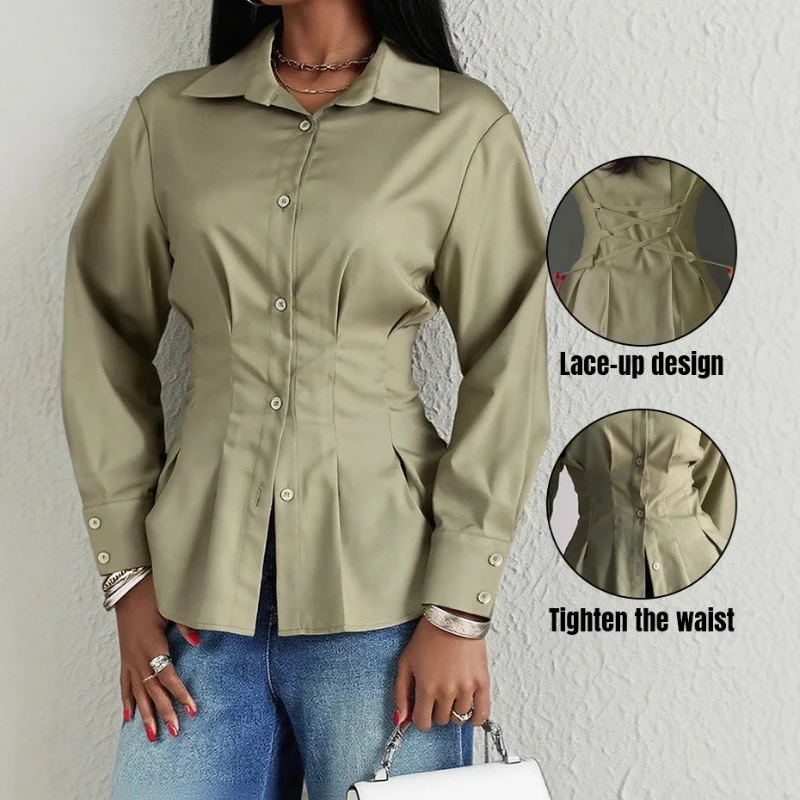 

Women's Shirt Turn-Down Collar Long Sleeve Button Front Blouse Casual Back Criss Cross Tied Detail Fishtail Top 2025 Autumn