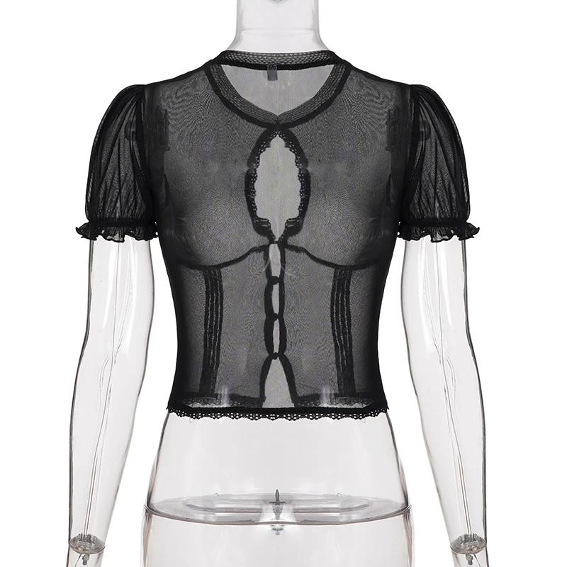 SUCHCUTE Vintage Sexy Spitzenbesetztes Patchwork-Mesh-Oberteil mit Puffärmeln, Ausgeschnittenes Slim-Fit Transparentes Cardigan-T-Shirt, Y2K Sommer-Outfit für den Strand – Detail 5