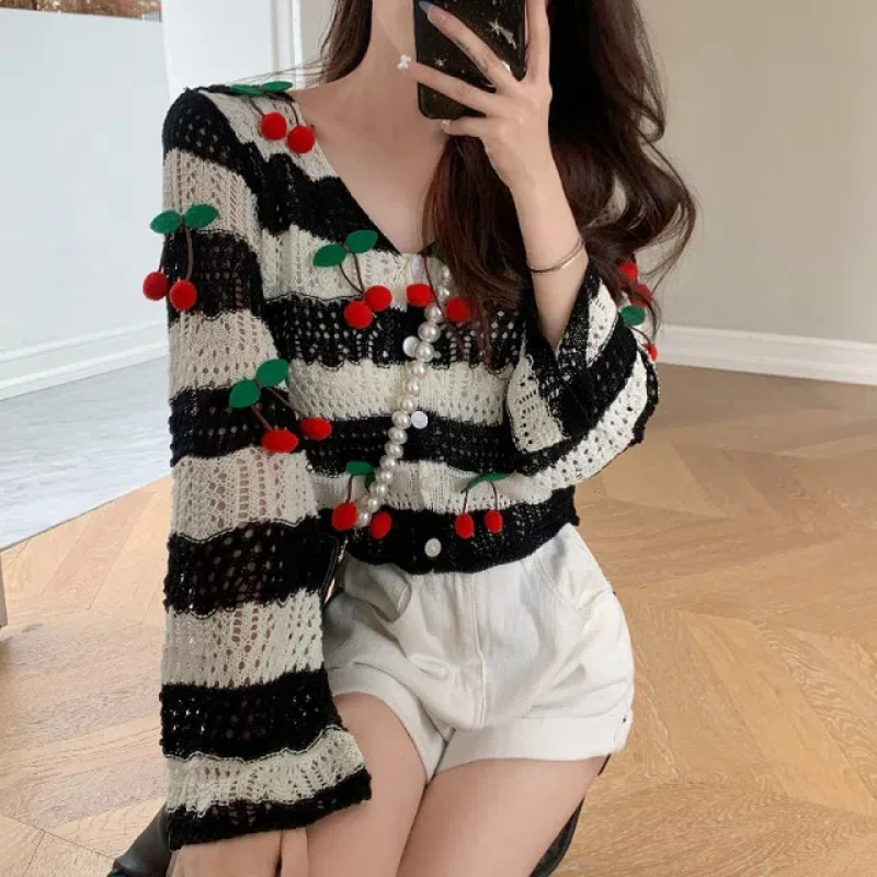 2024 Year New Spring Autumn Long Sleeve Fashion Contrast Color Striped Hollow Out Knitted Coat Loose Laziness Button Cardigan