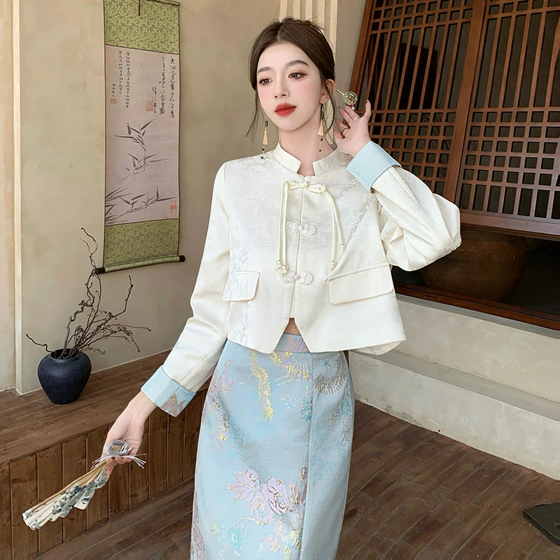 High Quality Chinese Style Autumn Office Ladies 2 Piece Set Elegant Women Chic Bow Buttons Crop Tops+Jacquard Pencil Skirt Suits