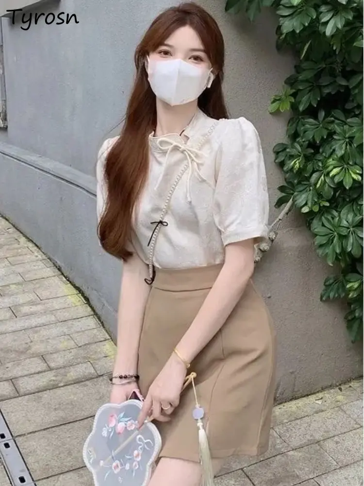 

T-shirt Skirt Sets Women Elegant Fashion Leisure Design Summer Mini Daily Chinese Style High Waist Tender Side Slit Female Cozy