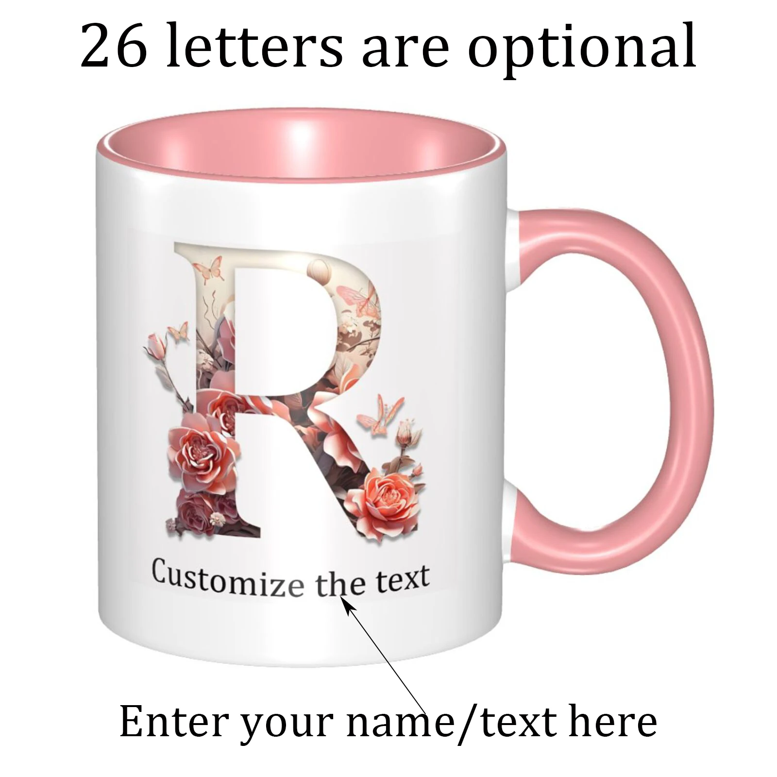 

1 customized ceramic coffee mug, personalized floral design with 26 unique letters, can print names/text, gift for ladies.