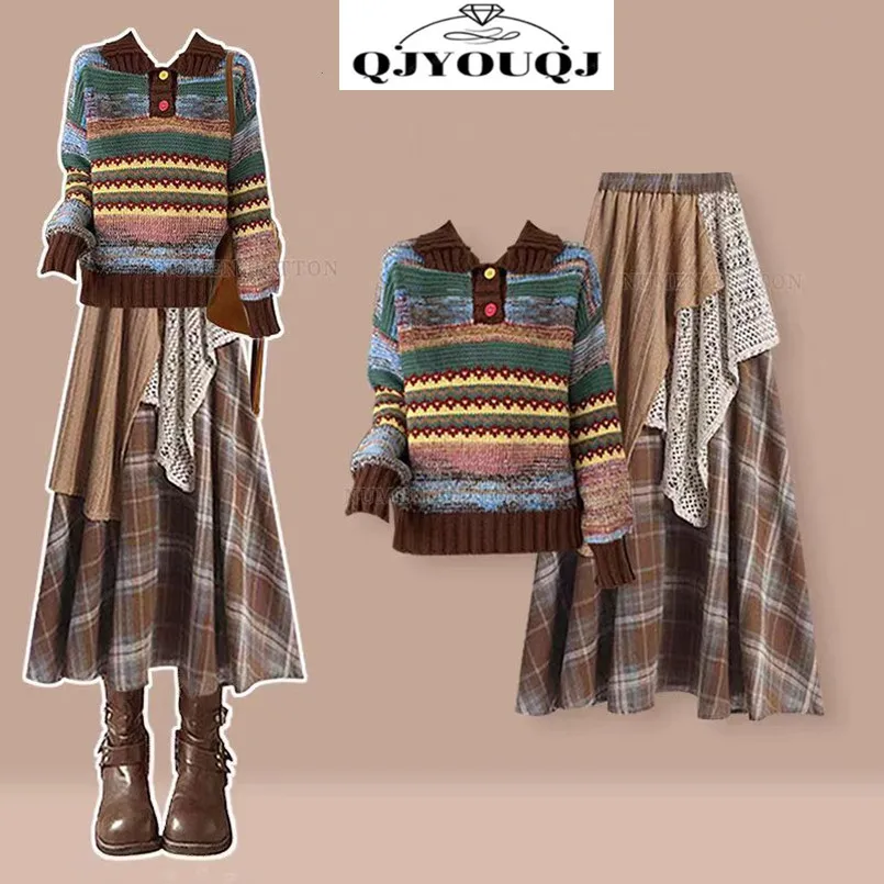 

Vintage Women's Set Spring and Autumn Korean Knitted Shirt Top+Casual Checkered Half Skirt Two Piece Set