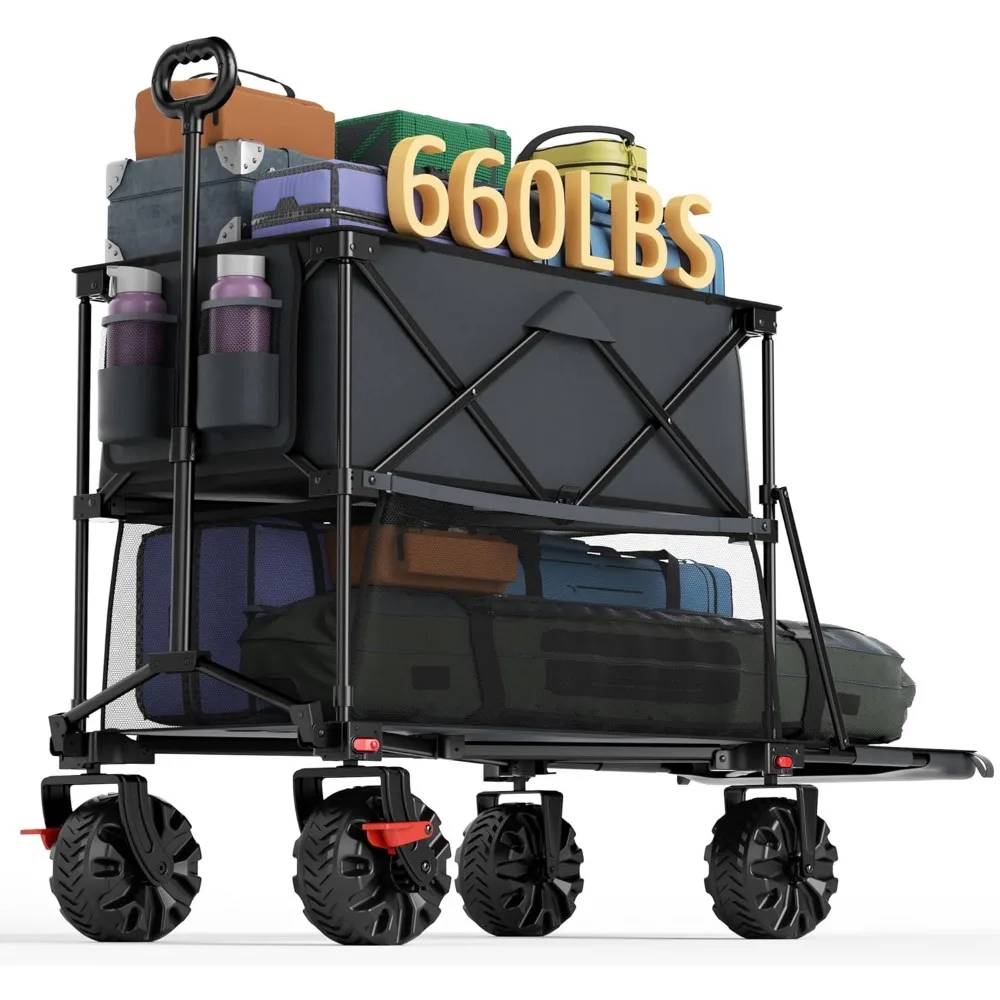 

Складная сверхмощная универсальная тележка с тормозами, грузоподъемность 660 фунтов, большие двухэтажные вездеходные большие колеса, удлинитель 400 л для