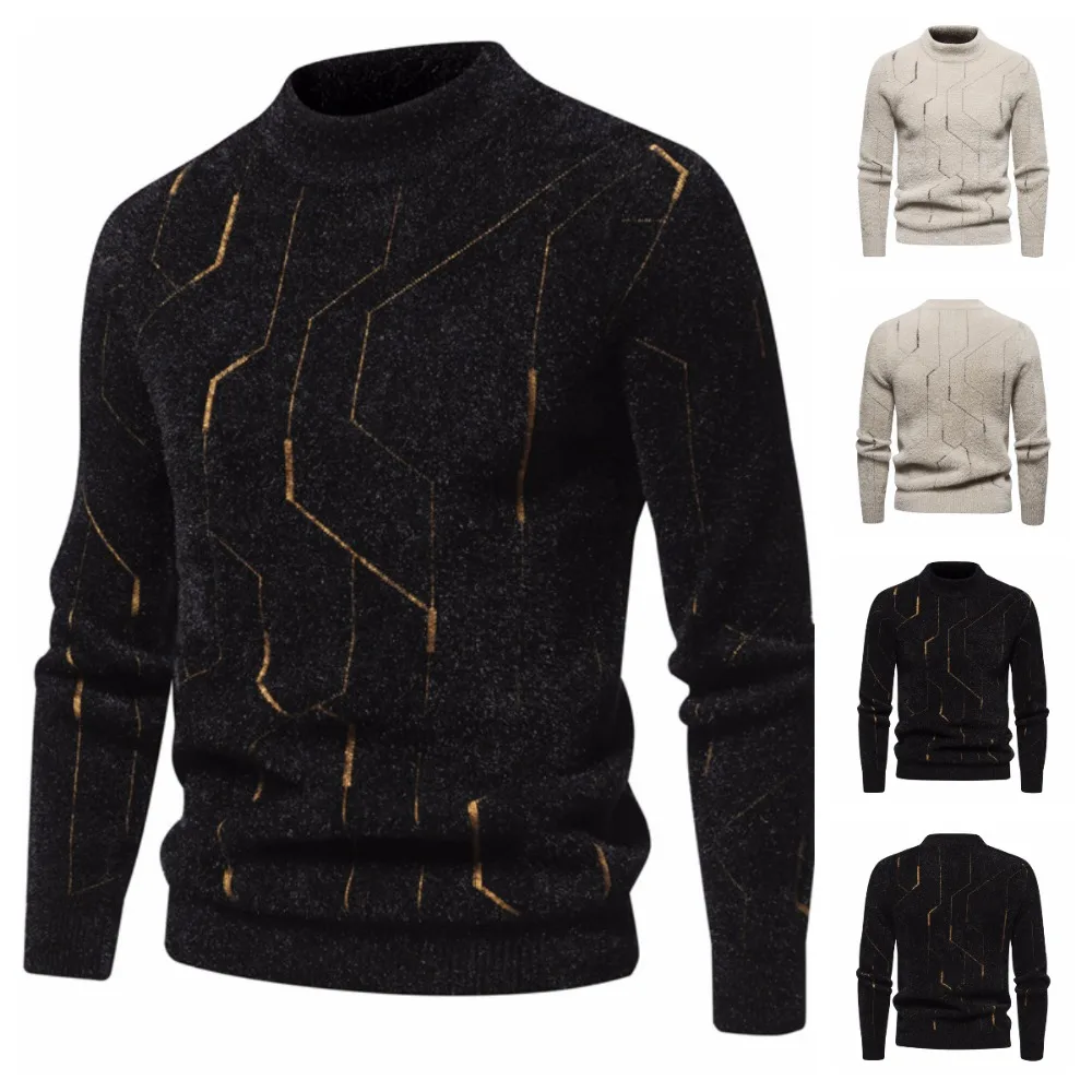 Autumn and Winter New Mohair Men\'s Warm Casual Long-sleeved Pullover Sweater Jacquard Sweater Knit Sweater