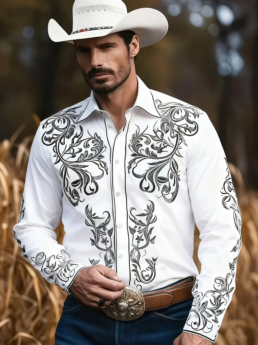 Men's Shirt Western Cowboy Floral Scroll Print Long Sleeve Button Down Shirts Turn Collar Vintage Country Style Top Men Clothing