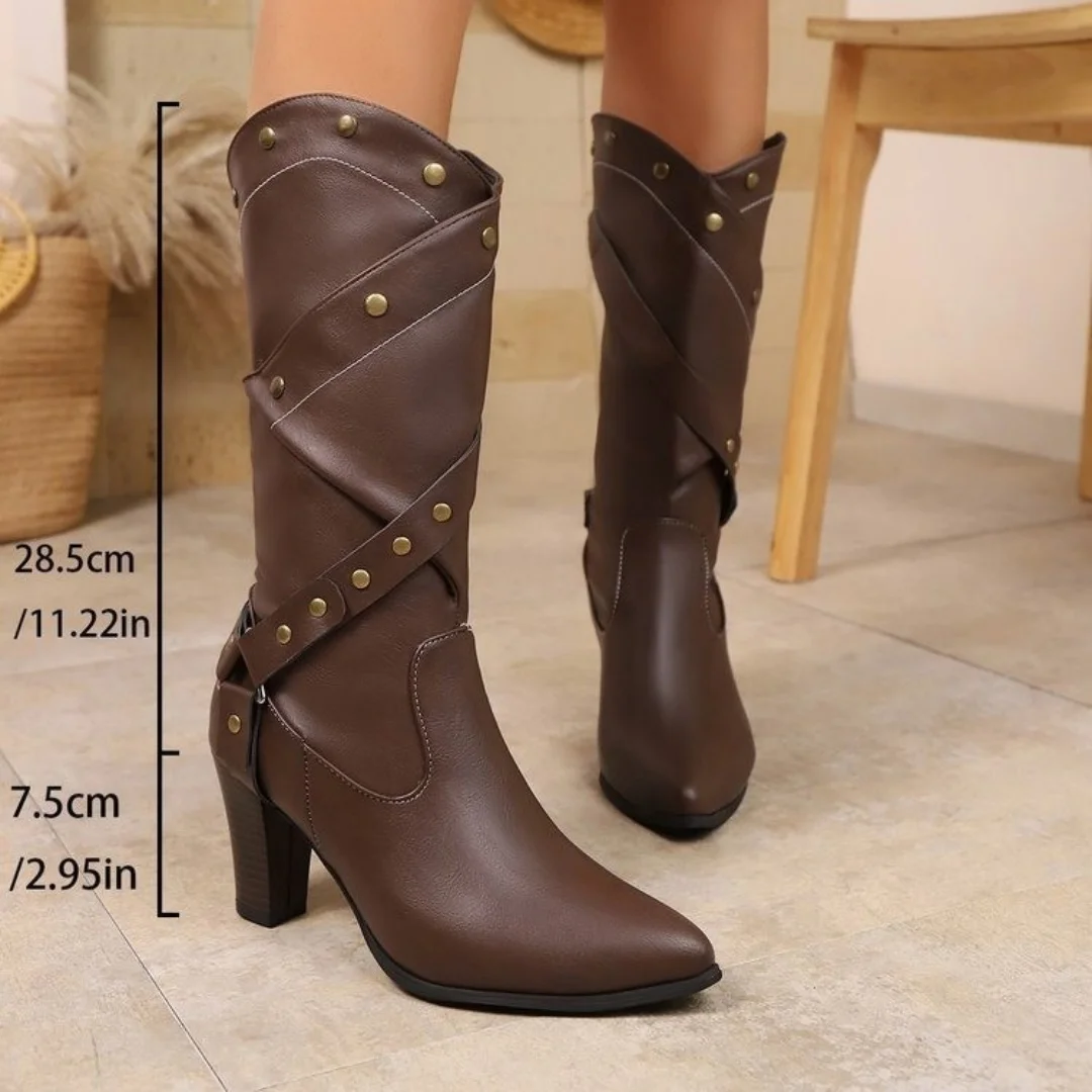 

Women's winter pointed-toe high-heeled knight boots, women's riveted retro large-sized sleeve Western cowboy boots