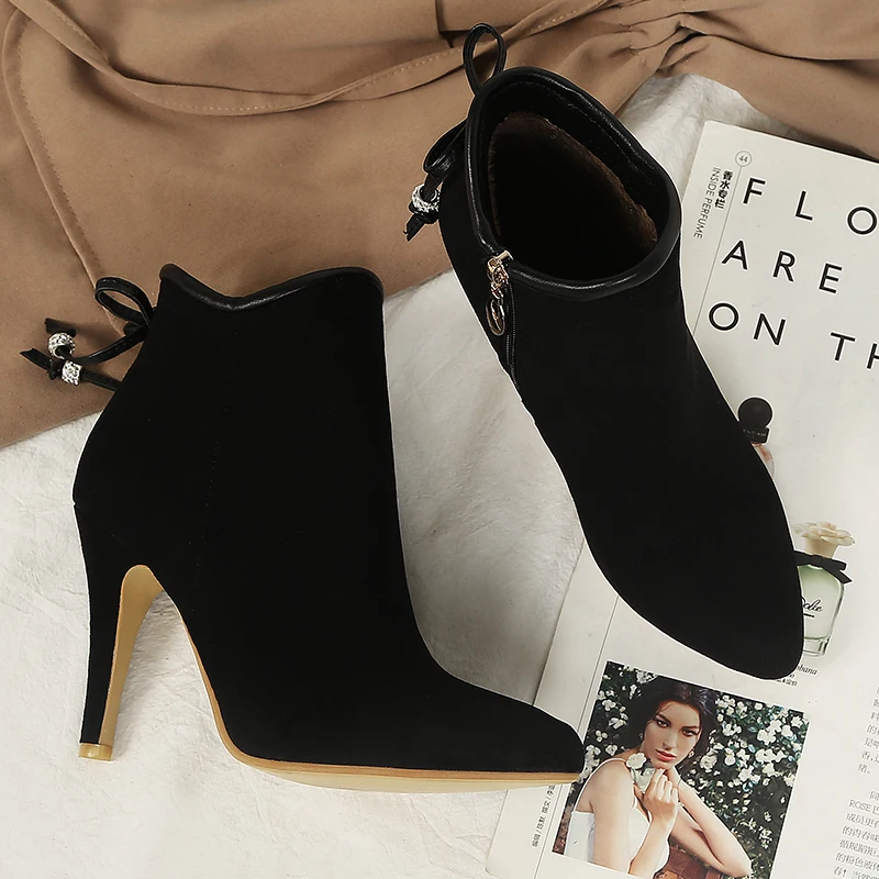 2023new autumn winter Women ankle boots plus size 22-27CM flock upper side zip modern boots high heel butterfly knot short boots