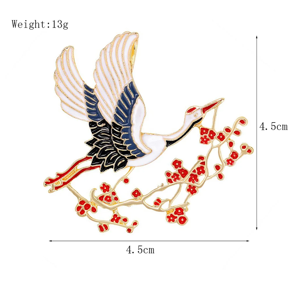 Retro Enamel Flower Crane Brooches Chinese Style Corsage Women Unisex Bird Animal Party Banquet Pins Clothing Suit Coat Jewelry