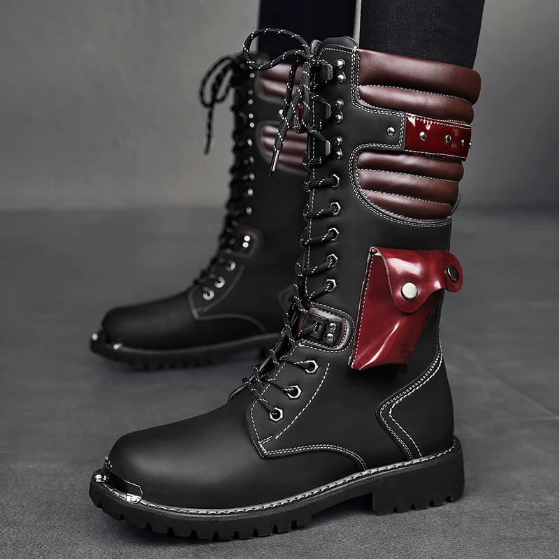 

2025 Vintage Punk Motorcycle Boots Quality Men High Leather Boots Men Black knee High Biker Boots Men Winter Shoes Big Size 46