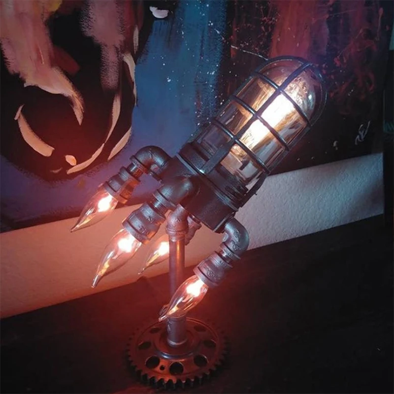 Retro Steampunk Rocket Light ตกแต่งบ้าน Rocket เปลวไฟเดสก์ท็อปโคมไฟกลางคืน AU ปลั๊กข้อกําหนดโต๊ะโคมไฟกลางคืน Home