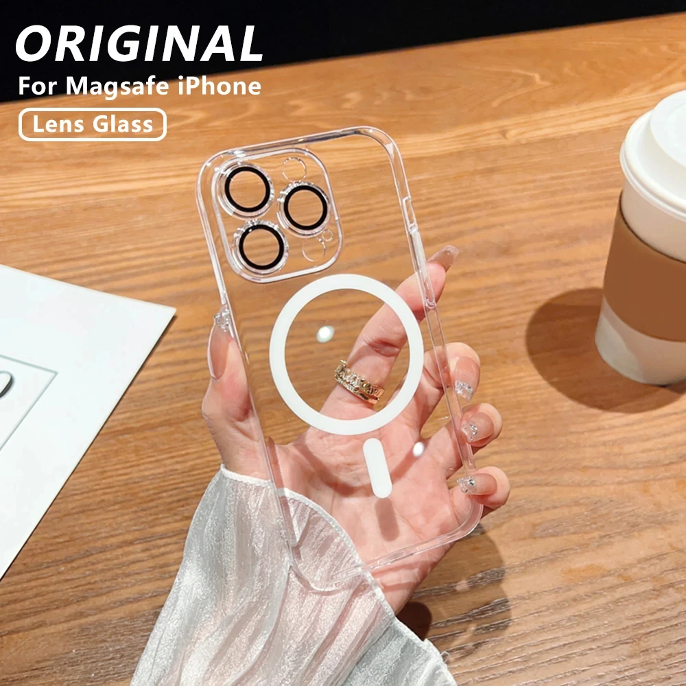 Originele Acryl Clear Hoesje Voor MagSafe Iphone 11 12 13 14 15 16 Pro Max Plus Draadloze Magnetische Logo Case Lens Glasbescherming