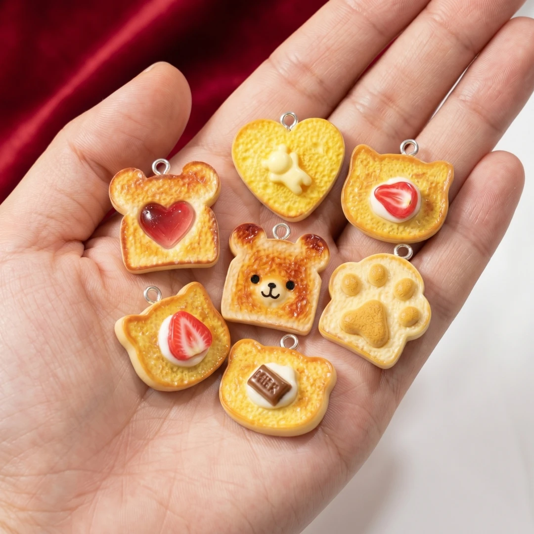 10pcs Heart Bear Cat Animal Shape Toast Bread Resin Charms Cute Claws Food Pendant Diy Earring Necklace Keychain Jewelry Making