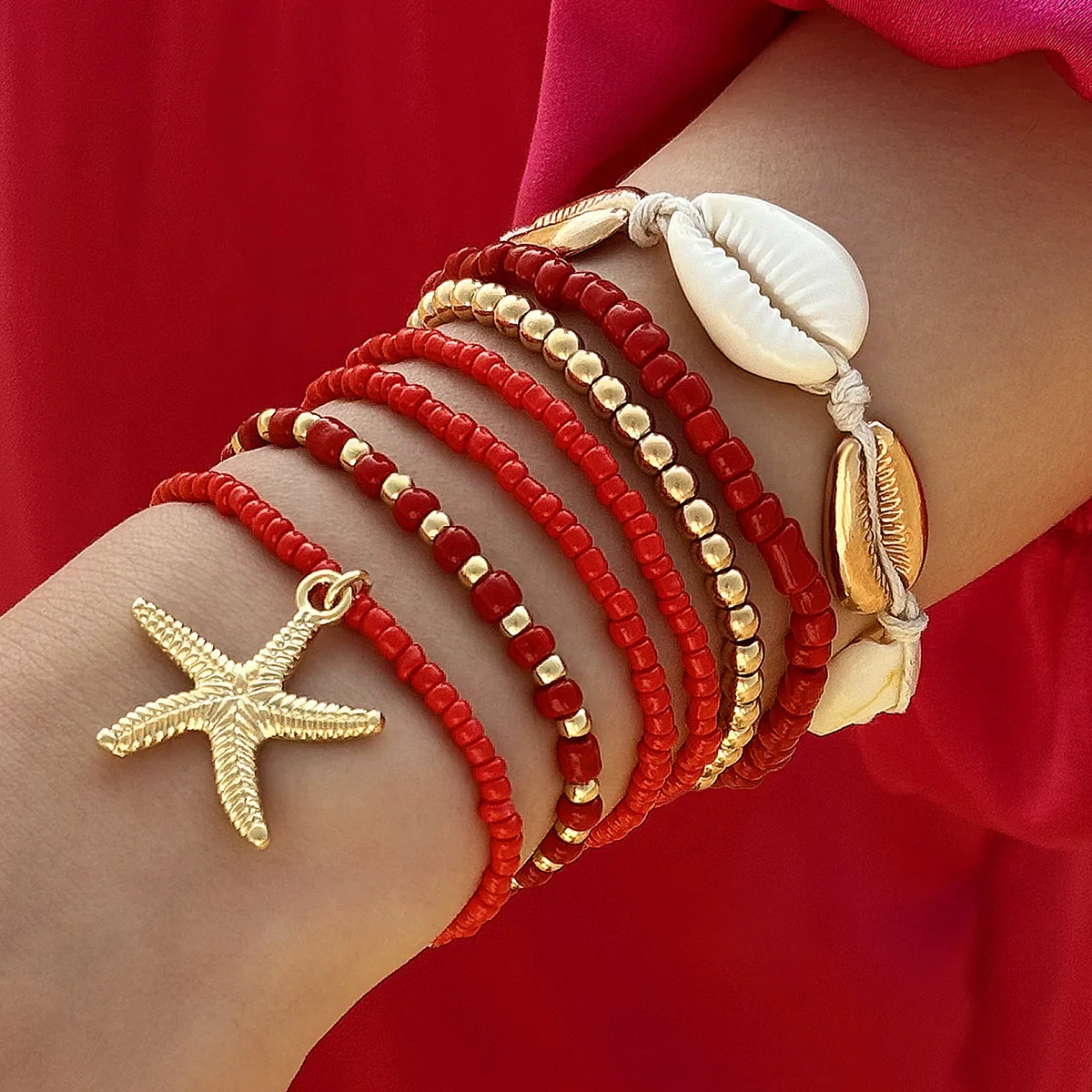 5-7pc/set Starfish Shell Ocean Conch Party Girls Hamsa Hand Casual Cute Bead Bohemia Bracelets For Women Female Jewelry