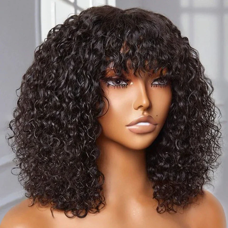 ความหนาแน่น 200% Virgin Human Hair Top Full ทําวิกผมสําหรับผู้หญิงสีดํา Jerry Curly Human Hair Wigs กับ Bangs วิกผมสั้น