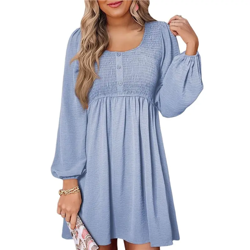 AT33 Women's Casual Dresses Smocked Crewneck Button Up Long Sleeve Waist A-Line Mini Dress