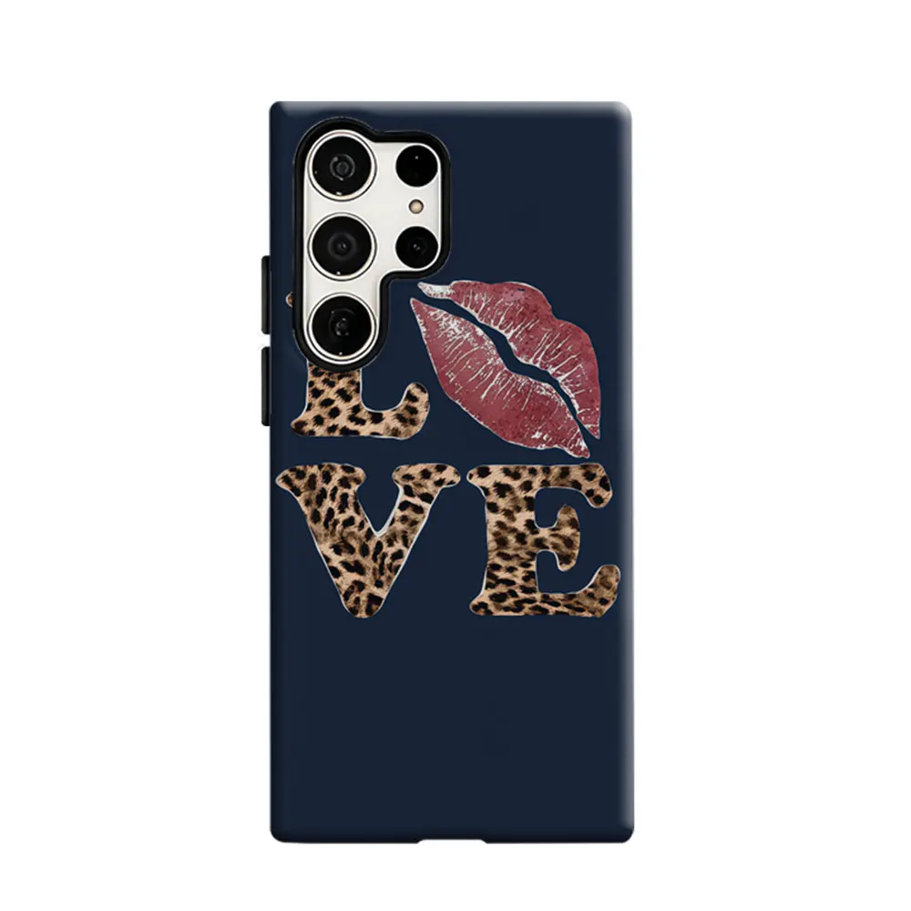 CaseLumi Phone Case For Samsung Galaxy S25 S24 Ultra Plus HD Hard Leopard Print LOVE with Red Lips Double Layer Cover Film Shell