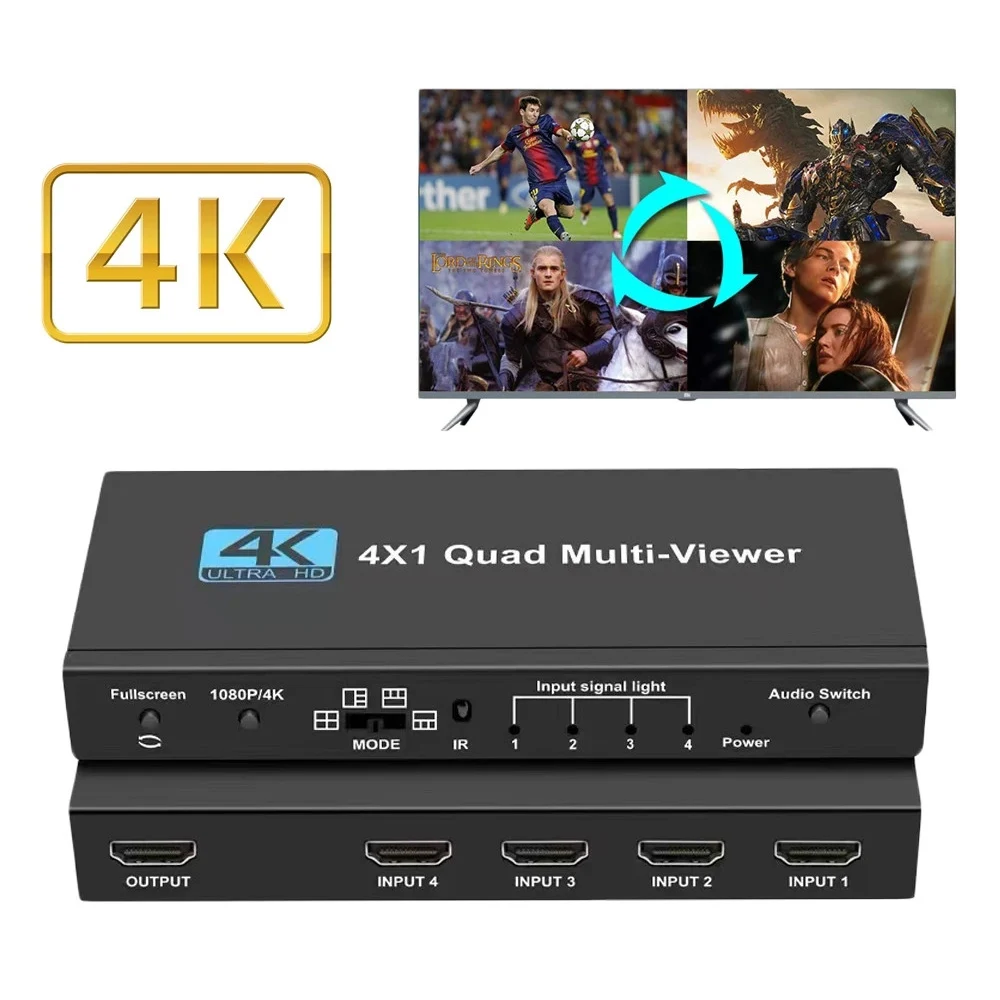 HDMI 4x1 Multi-viewer switcher 4K Seamless Quad Screen Real Time Multi Viewer Splitter 4 in 1 out HDMI Switch Adapter with IR