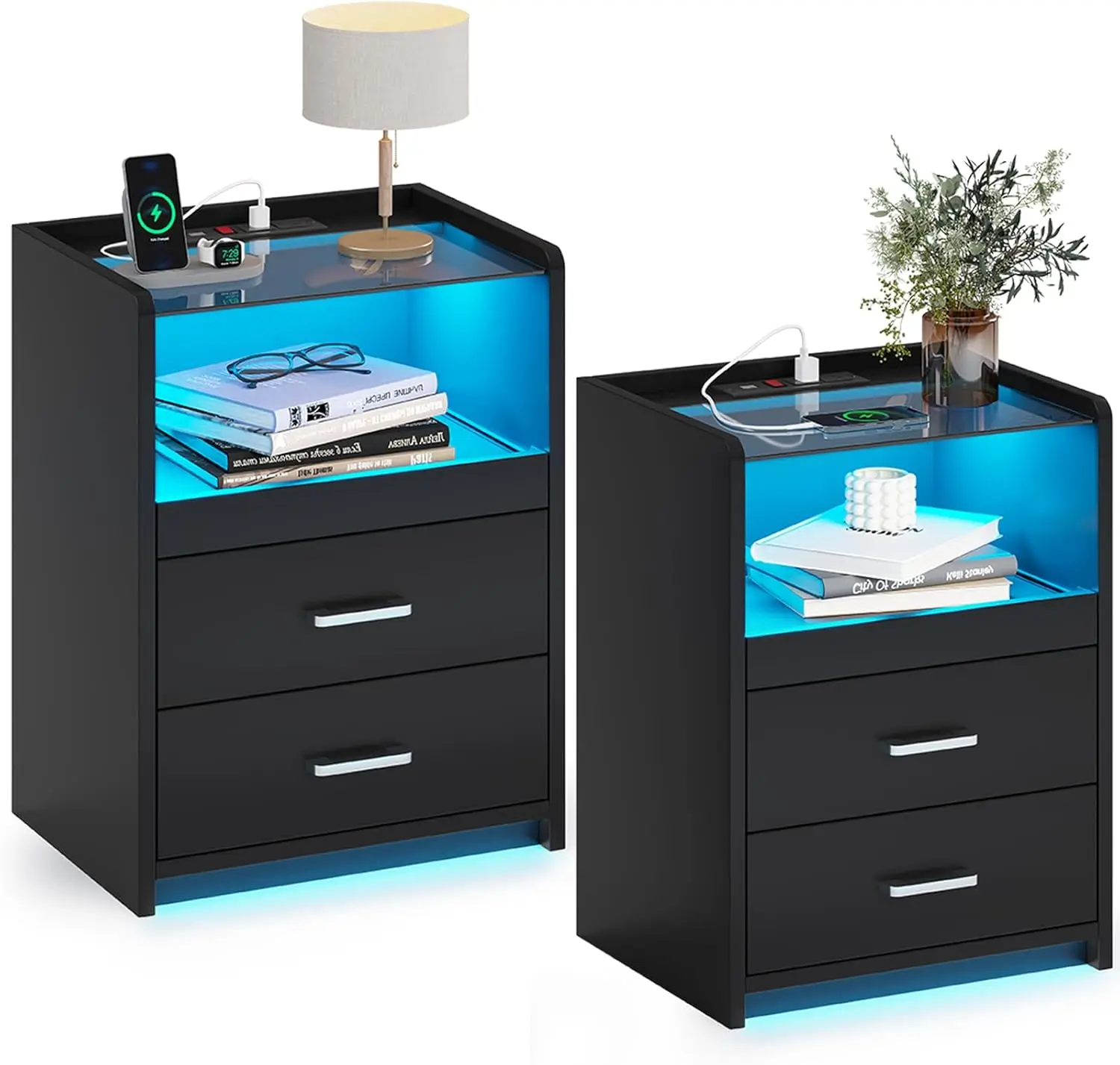 LED Nightstand Set of 2 with Charging Station, Night Stand with Pull-Out Shelf, 2 Drawers, Bedside Table with LED Light