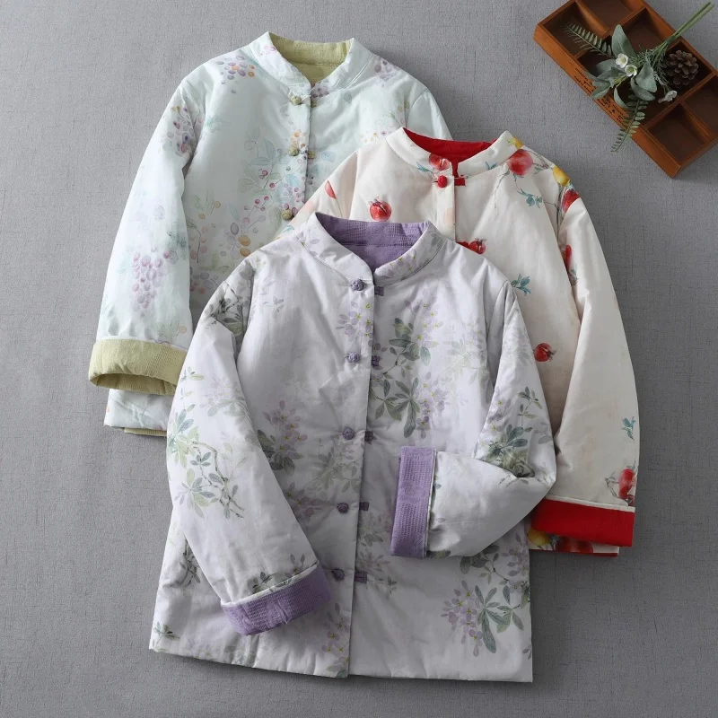 

Chinese Style Spring Coat for Women - Elegant Stand Collar, Lightweight Quilted Cotton Linen Printed Jacket with Contrast Colors