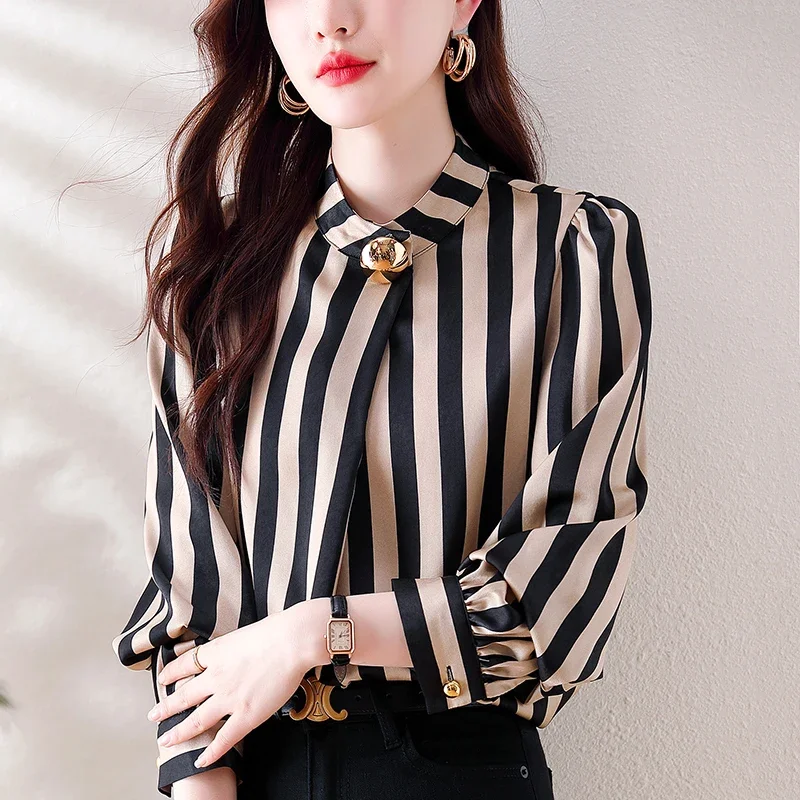 Chiffon Stripe Shirts for Women, Loose Vintage Blouses, O-Neck Clothing, Long Sleeves, Spring and Summer Fashion