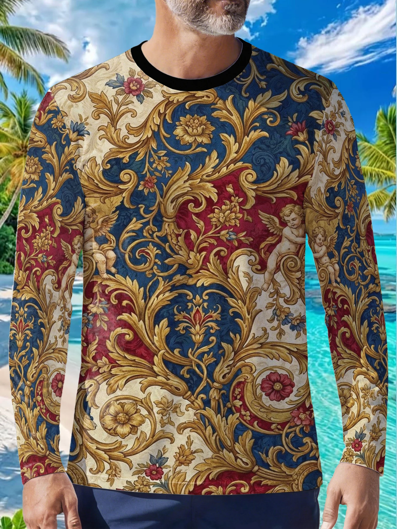 Valentines Cupid Baroque Scrollwork Vintage Mens Polyester Long Sleeve T Shirt Rococo Floral Gold Royal Print Graphic Tee Retro