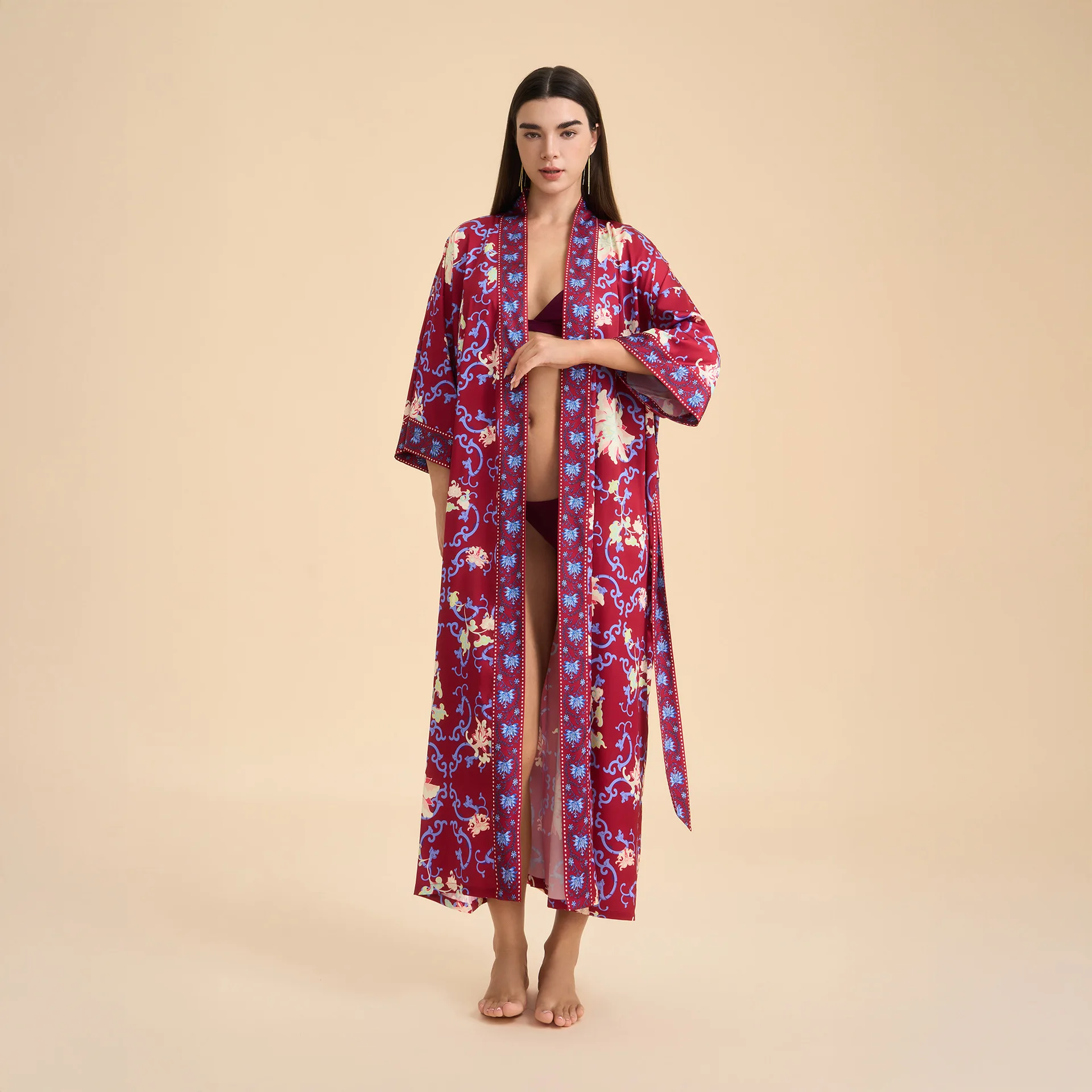 Women's Long Robe Home Dress Spring Summer Sleepwear Nightgown Elegant Floral Print Kimono Bathrobe Gown Loose Homewear Lingerie