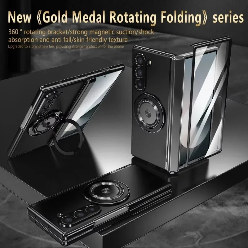 

Luxury Metal Paint 360° Rotable Ring Stand Case For Samsung Galaxy Z Fold 7 6 5 4 3 5G Hinge Full-pack Screen Film Protect Cover