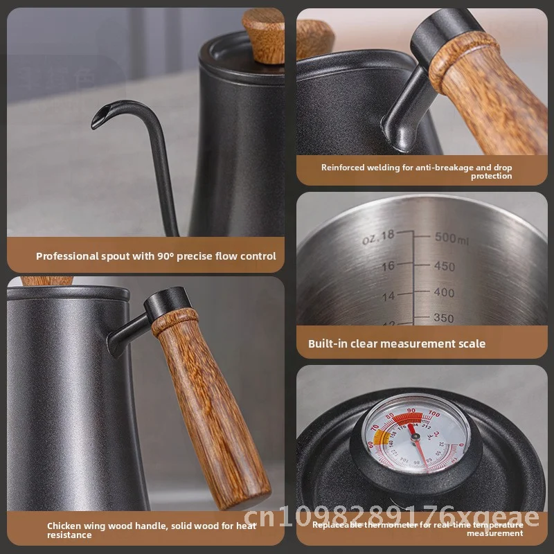 

Ручной кофейник из нержавеющей стали 304 с деревянной ручкой, утолщенный длинный рот для использования на открытом воздухе, серебристый, черный, 250 мл, 350 мл, 600 мл