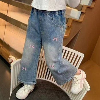 Girls Butterfly Wide-Leg Jeans 2 Girls' Jeans Straight Wide Leg Washed Soft Cow Pine Girl All-Match Wide and Long Pants Spring New 2