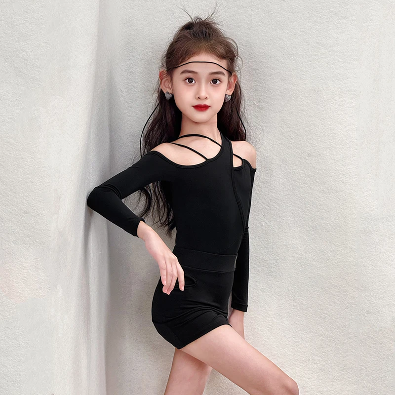 Nowe stroje do tańca latynoamerykańskiego dla dziewcząt, długi rękaw, strój treningowy, czarny kombinezon z wycięciami, spódnica do ćwiczeń, odzież do tańca latynoamerykańskiego 2362