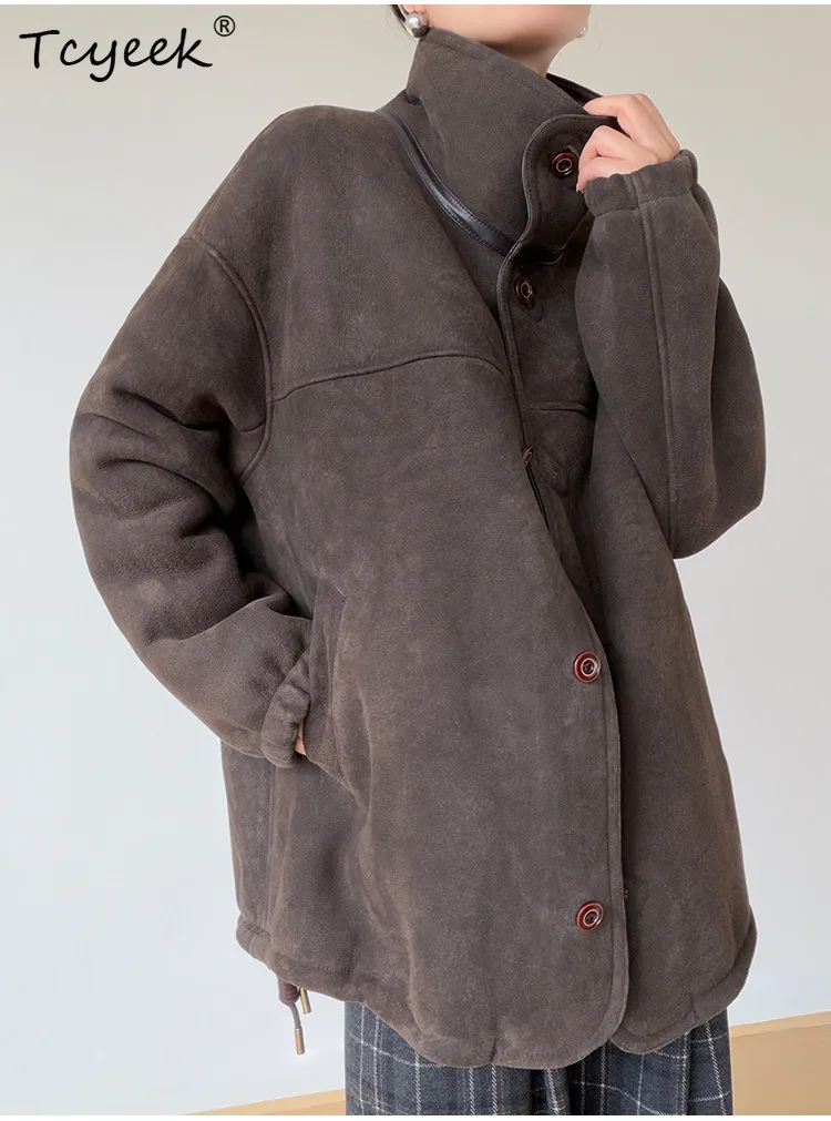 Tcyeek 本革ジャケット レディース 天然メリノ羊毛皮コート 冬用ジャケット 2025 ミドル丈衣料 女性用