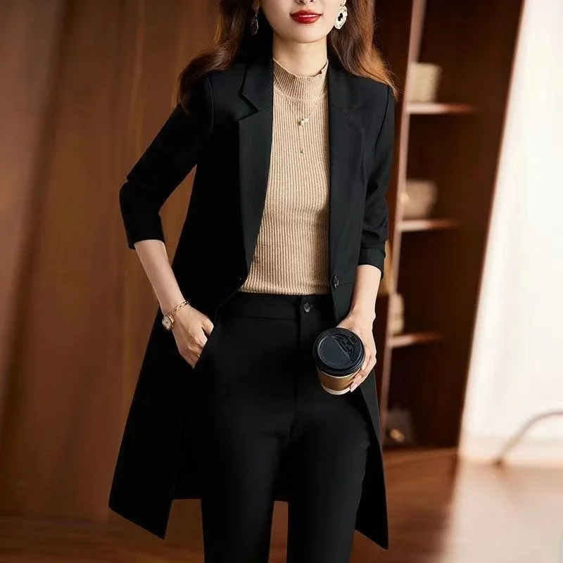 Navy Blue Suit Trench Coat Women\'s Medium Length 2023 New Spring And Autumn High-class Large Professional Suit Jacket Top Single