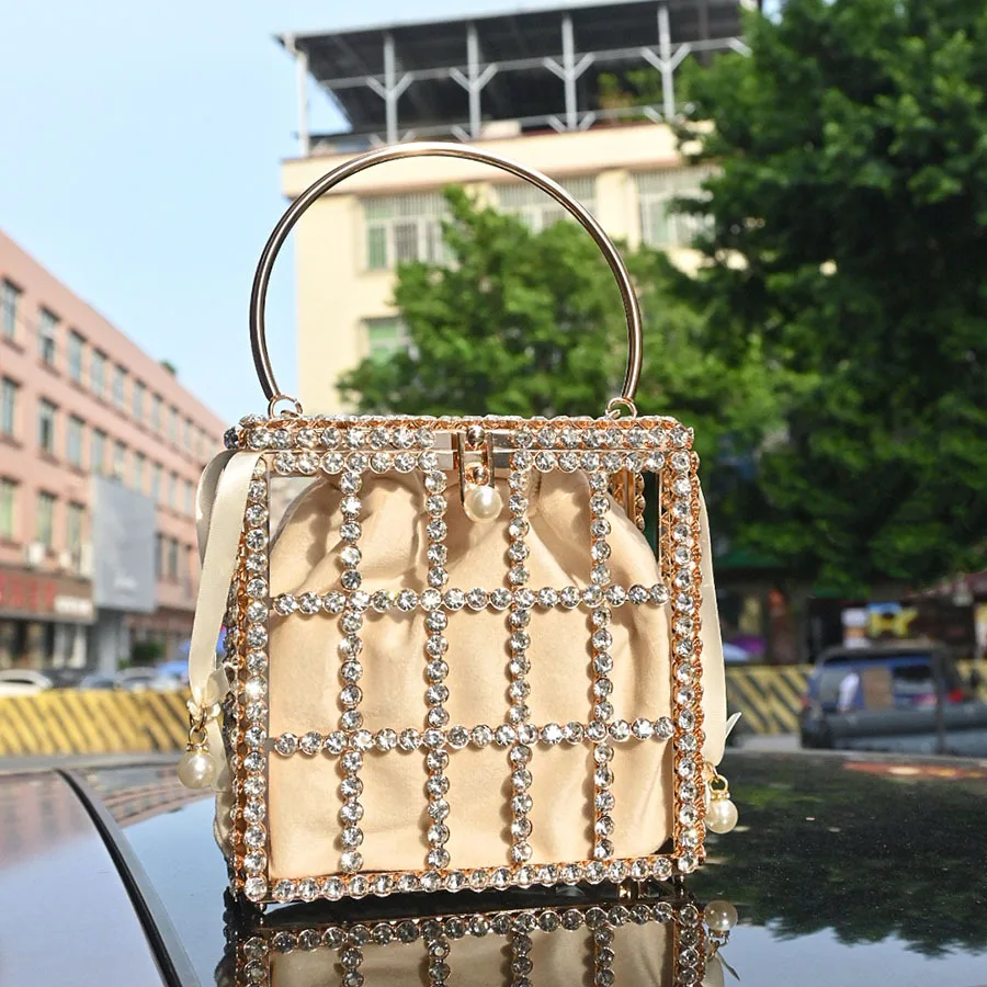 حقيبة ألماس مرصعة بالألماس على شكل قفص لؤلؤي وحفلات العشاء وسلة خضروات معدنية وحقيبة ساعي البريد #3