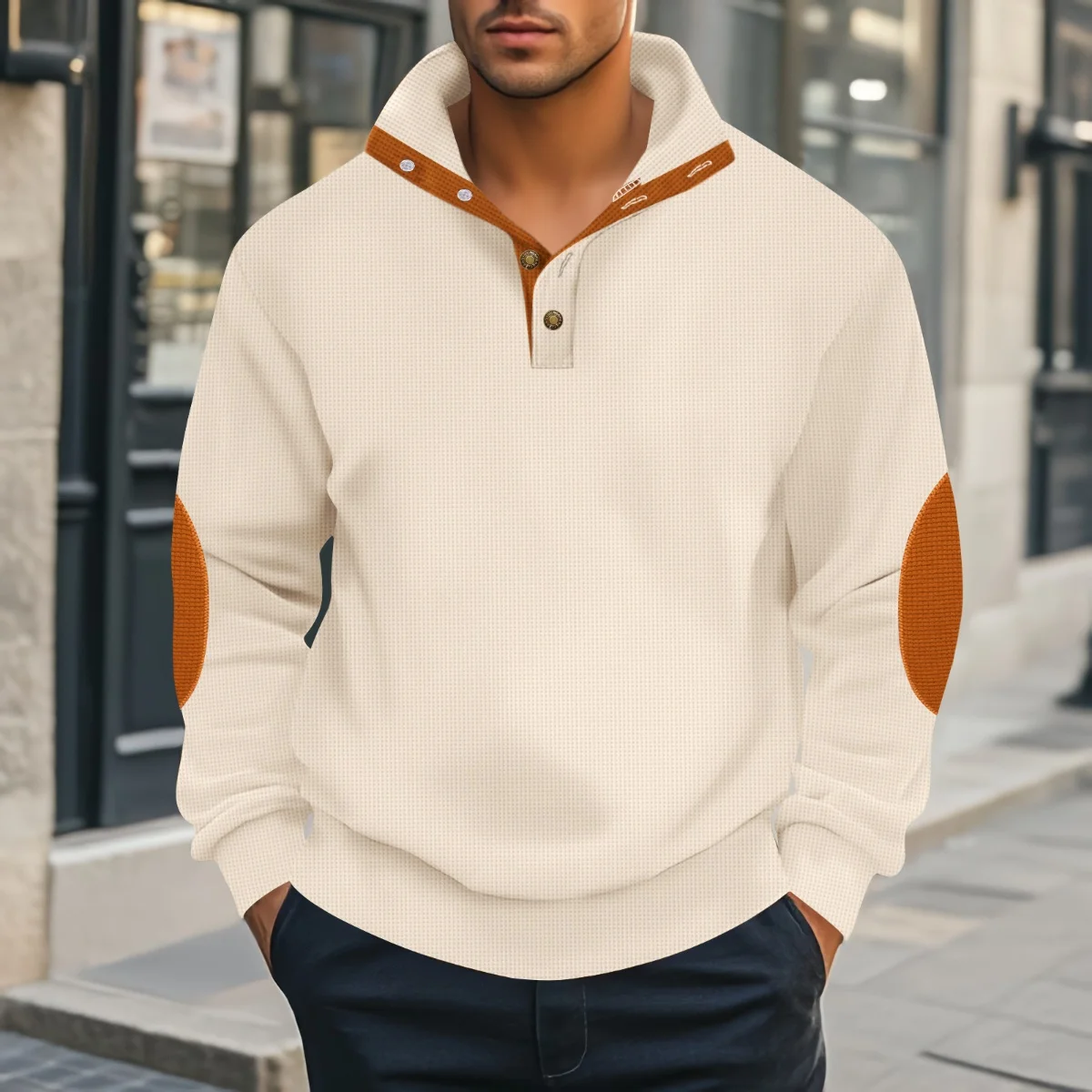 

Men's Autumn 2025 Waffle Fabric Pullover Sweatshirt Casual Standing Collar Long Sleeve with Colorful Collar New Style