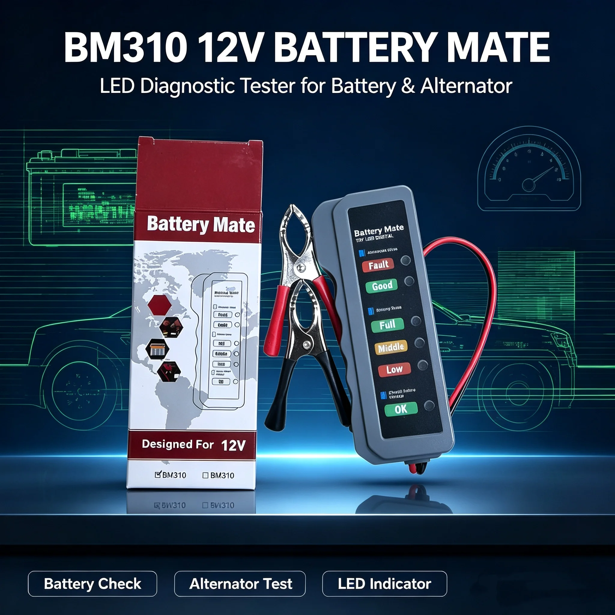 12V BM310 Battery Mate Car Battery & Alternator Tester Portable LED Digital Battery Status Checker for Vehicle Motorcycle