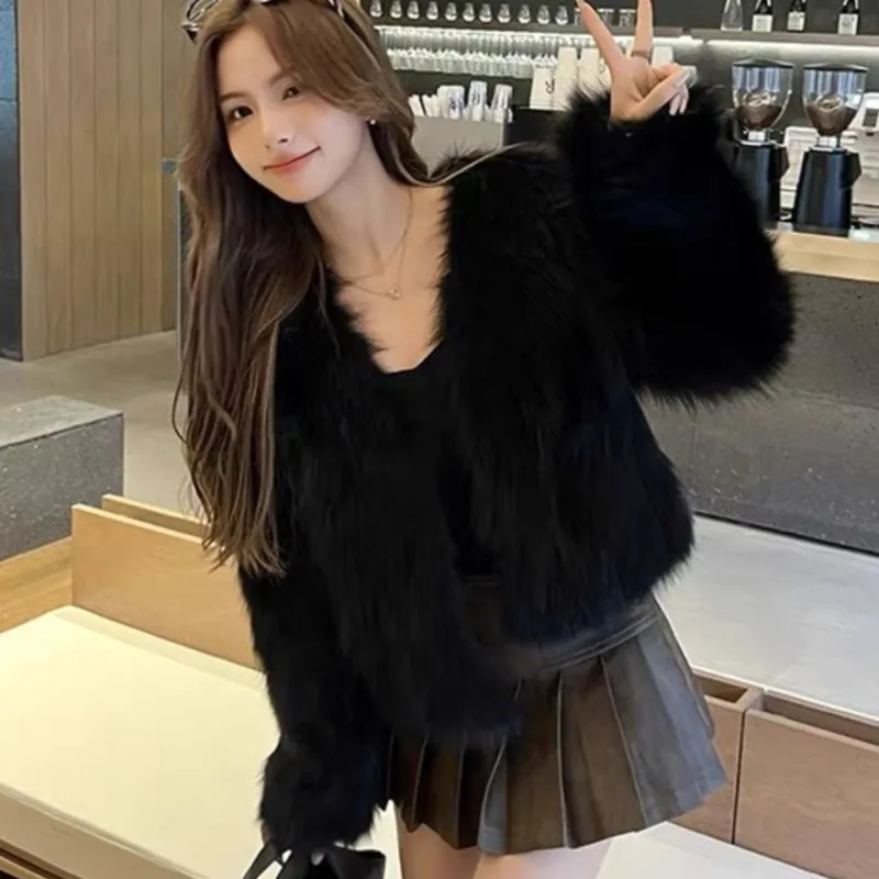 2025 الخريف الشتاء المرأة الشباب فو الثعلب الفراء معطف قصير تنوعا التخسيس غامض معاطف السترة فو الفراء معطف القمم الدفء