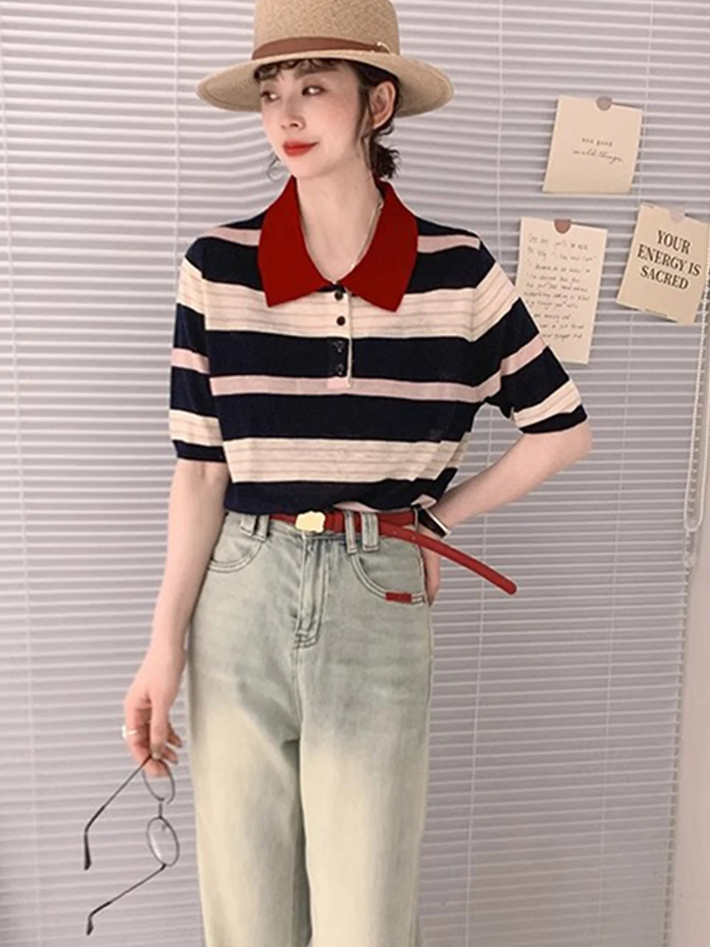 Blusa de Verano de Estilo Coreano Hoada, de Punto, con Cuello , Manga Corta, Diseño Color Blo, Csa Informal Única ...