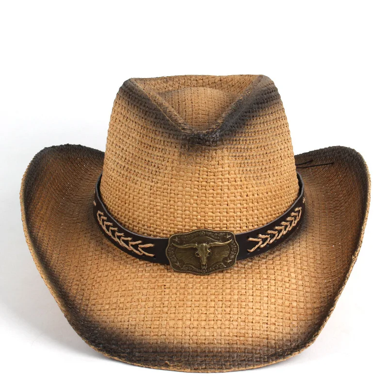 

New American Western Cowboy Straw Hat, Hand-woven, Spray-painted, With Cow Head Decoration, Jazz Hat