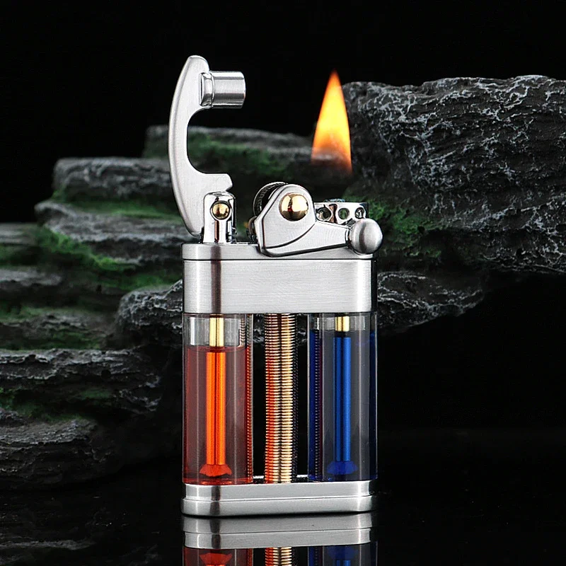 ZORRO Brass Kerosene Lighter Transparent Double Tank Rocker One Piece Ignition Wheel Windproof Lighters Men\'s Gift