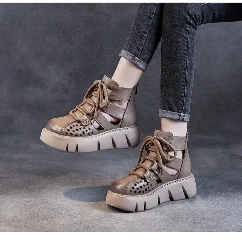 New Handmade Retro Women Platform Sandals Pu Leather Hollow Baotou Wedges Gladiator Shoe Back Zipper Thick Bottom Cool Boot