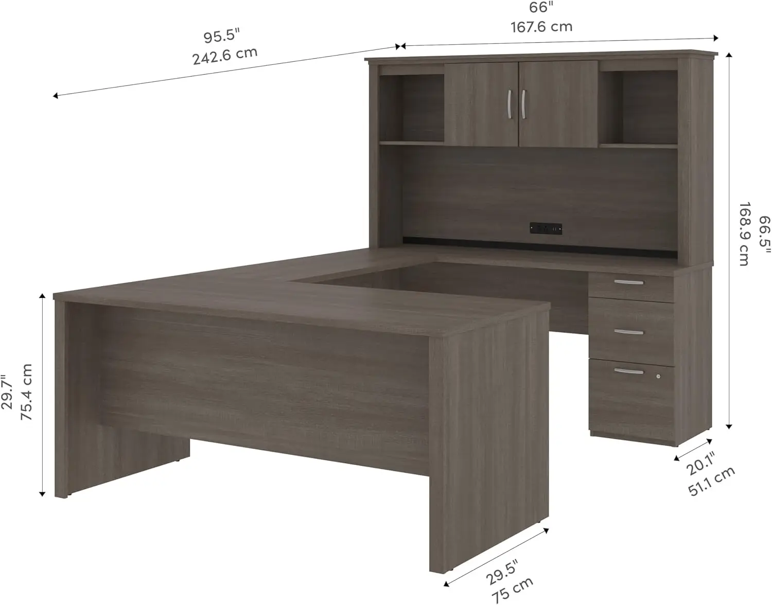 U-shaped or L-shaped executive desk with base and kitchen cabinet, personal home work desk workstation, bark gray