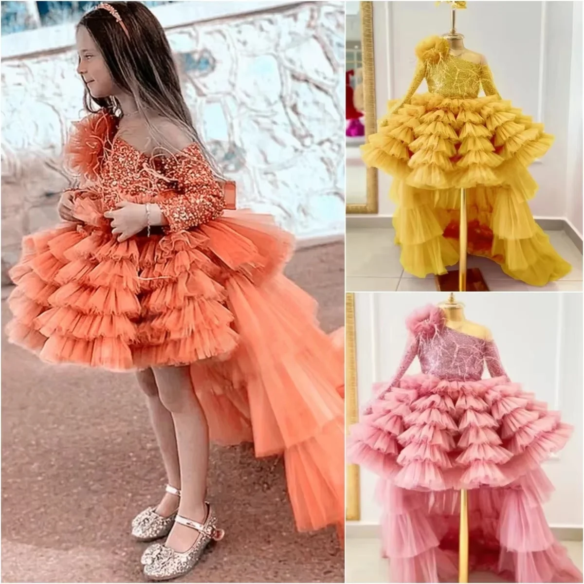 Girls One Shoulder Sequined Long Sleeve Tiered Tulle Dress With Asymmetric Train Ideal For Flower Girl Duties Birthday Celebrati