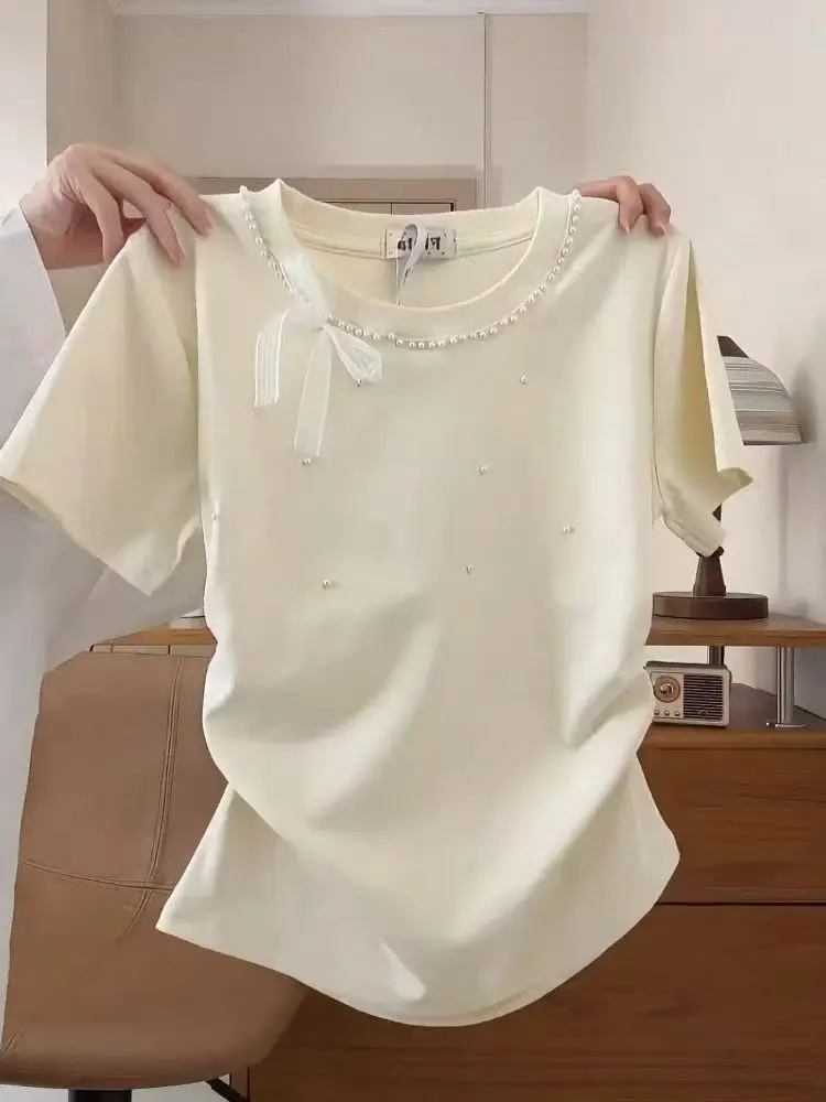 

Pure Cotton ort Sve T-irt Women Summer Design Knot oulder Fit Korean Sle Commute Daily Straight Body pe