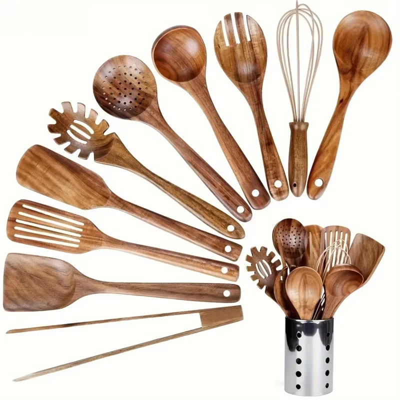 

1Set Premium Natural Teak Wood Utensils Set with Holder - Ergonomic Cooking Essentials for Non-Stick Pans, Heat Resistant,Durabl