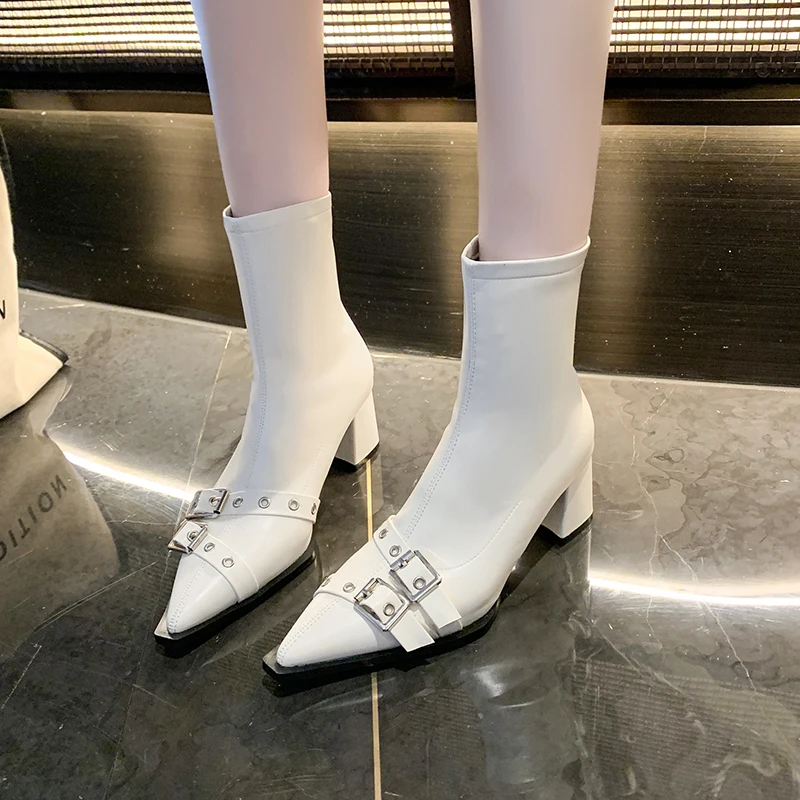 

Winter Design Belt Buckle Ankle Boots Women Pointed Toe Fashion Zipper Square Heels Shoes Short Modern Booties 2026 Spring