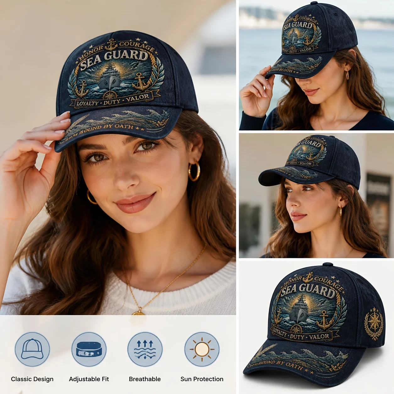 Custom Ocean Guard Nautical Baseball Cap, Vintage Washed Navy Hat with Lighthouse And Anchor Print, Patriotic Navy Style Cap