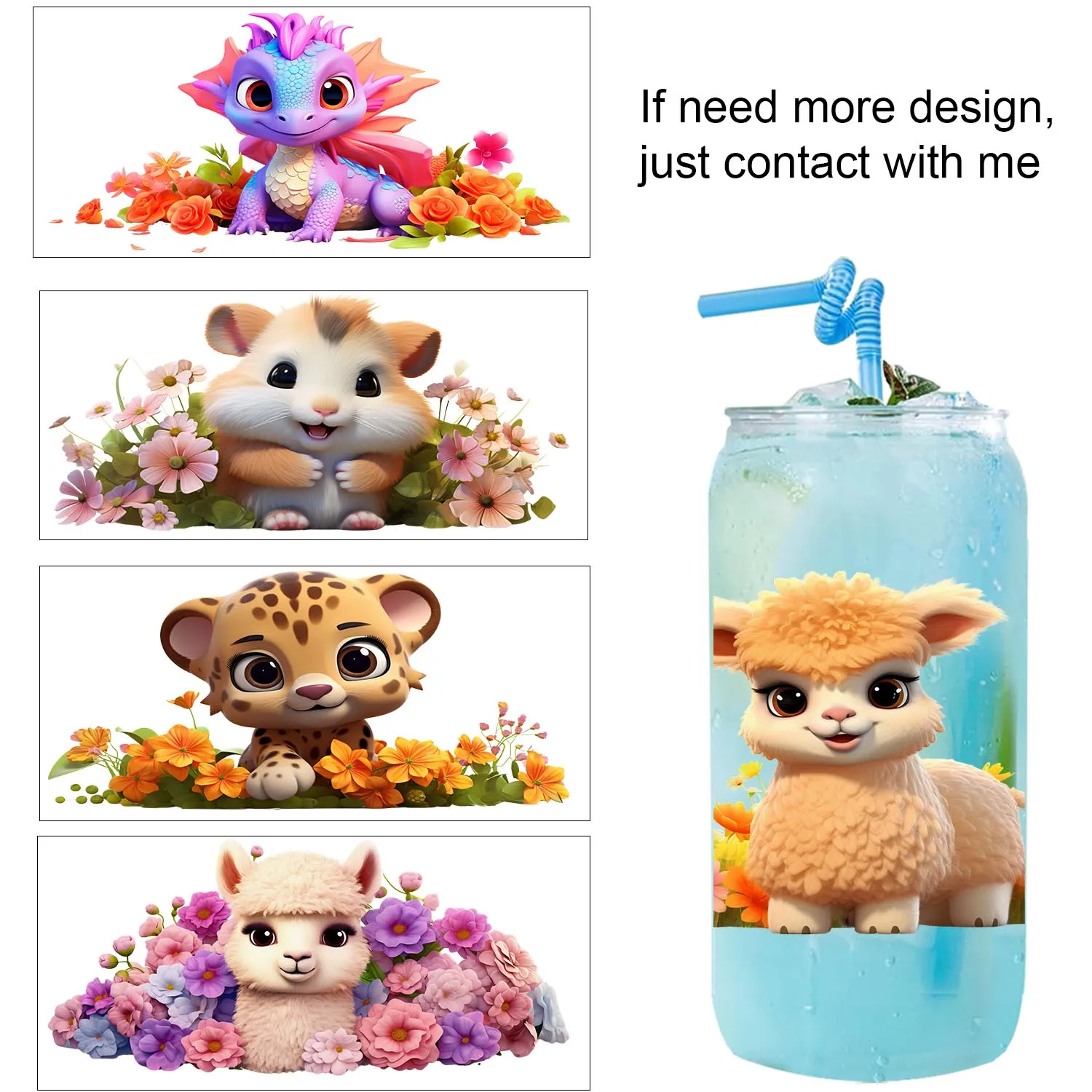 

18 Style Cute animal baby easy peel waterproof Party DIY Decals 3D transfers uvdtf tumbler seal stickers 16oz uv dtf cup wraps