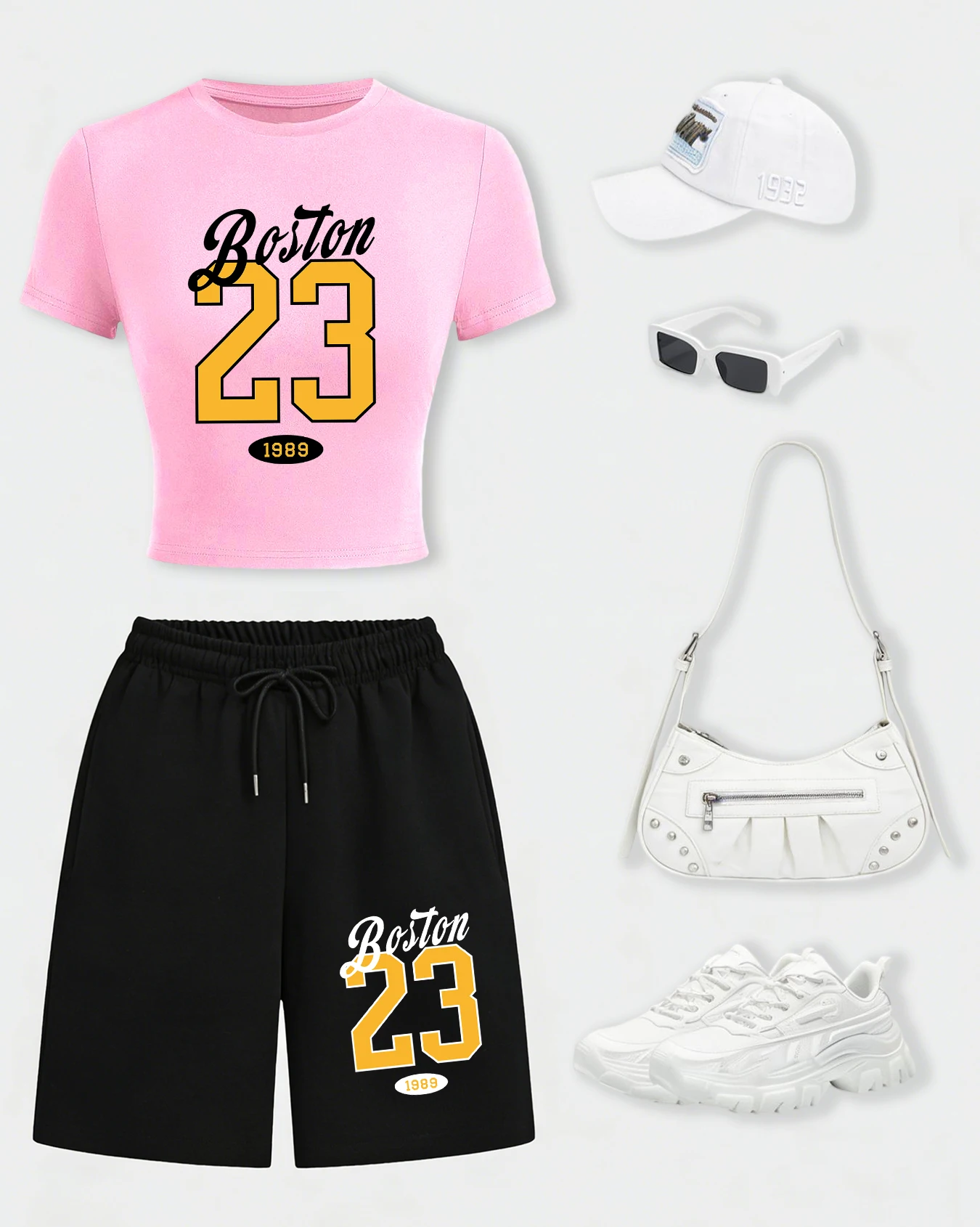 

Комплект женских футболок Art Word Boston 23 с принтом, летние широкие шорты, хлопковые футболки с круглым вырезом, уличная одежда, укороченные дышащие футболки на шнурке